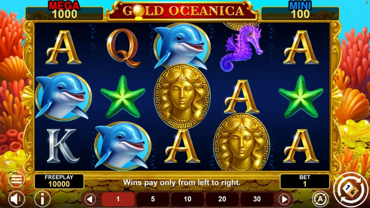 Tampilan visual slot Gold Oceanica dengan tema dewi laut dan harta karun
