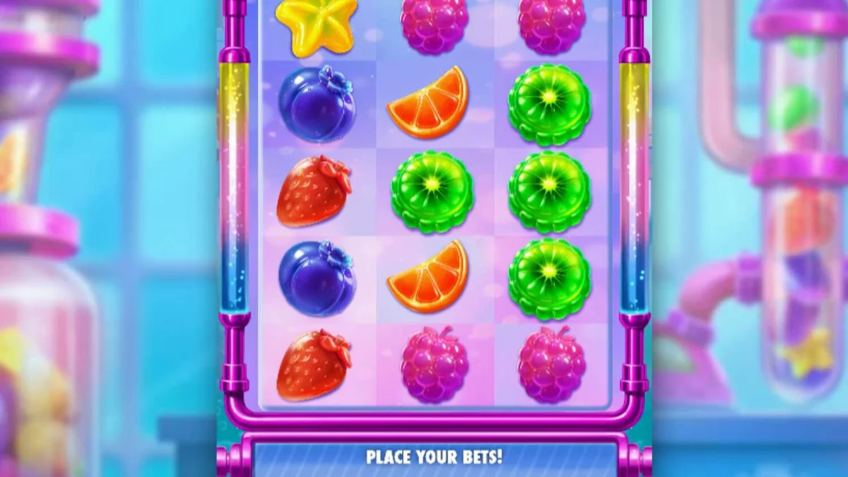 Tampilan visual slot Sweet Burst dengan tema laboratorium permen futuristik