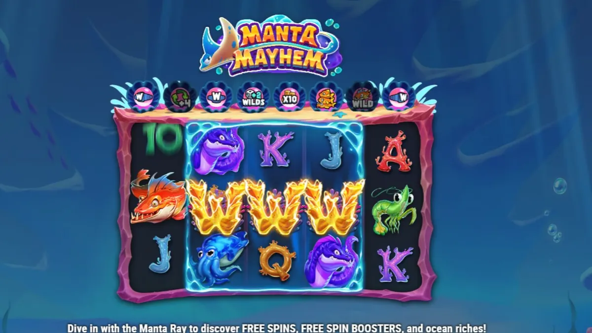 Tampilan visual slot Manta Mayhem dengan latar belakang terumbu karang yang cerah dan karakter manta ray biru.